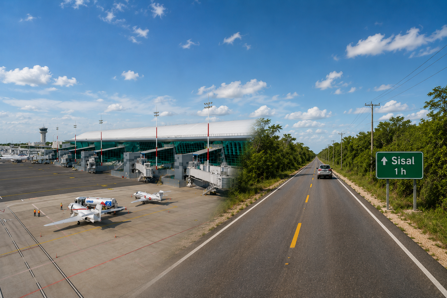 Mérida International Airport and the road toward Sisal, approximately one hour by car