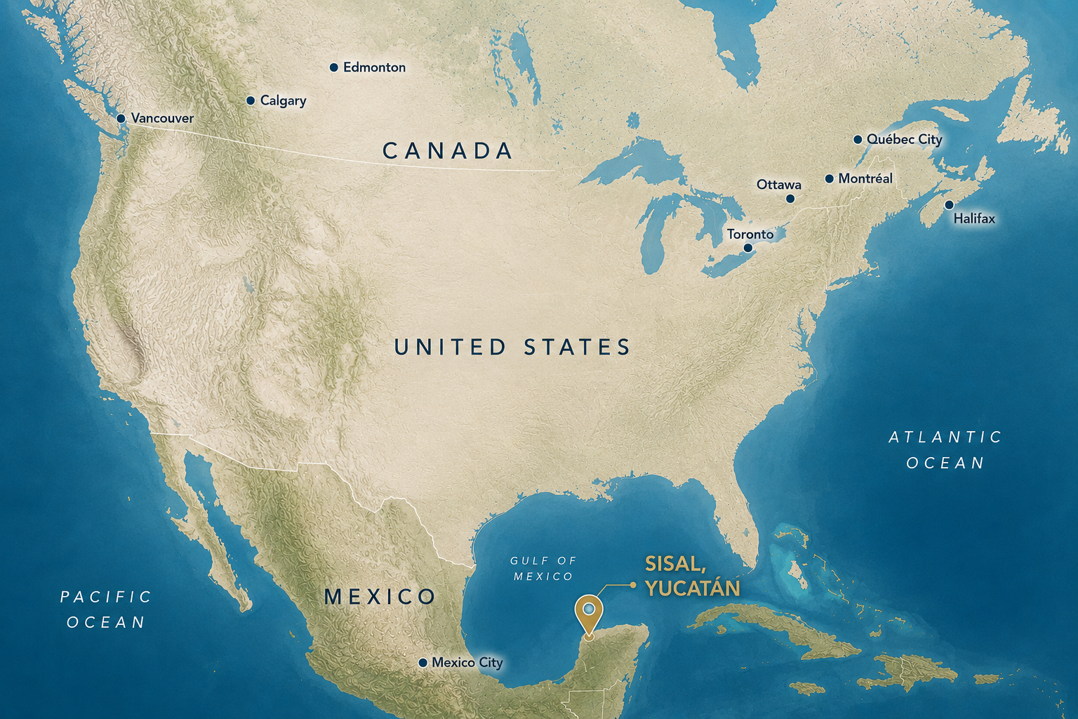 North America map highlighting Sisal, Yucatán, with key Canadian cities, the United States and Mexico City